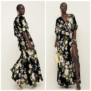 Reformation Winslow Dress Raven Black Floral Wrap Maxi Size 1X Plus